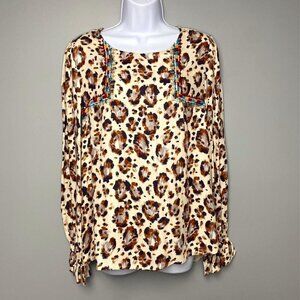 Savanna Jane Western Embroidered Leopard Print Long Sleeve Blouse Size M